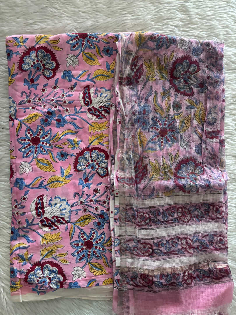 5 m handblock cotton fabric with Kota doria dupatta