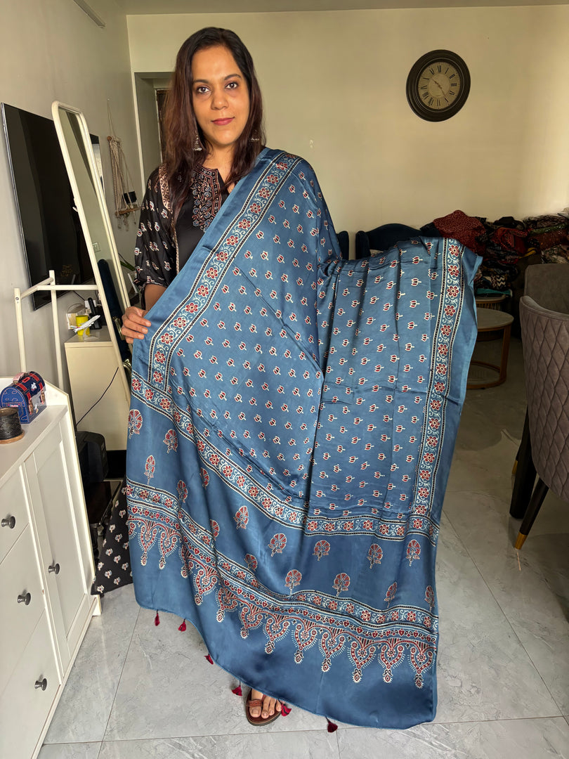 Natural dye Hand-blocked modal silk ajrakh dupatta with tazzles