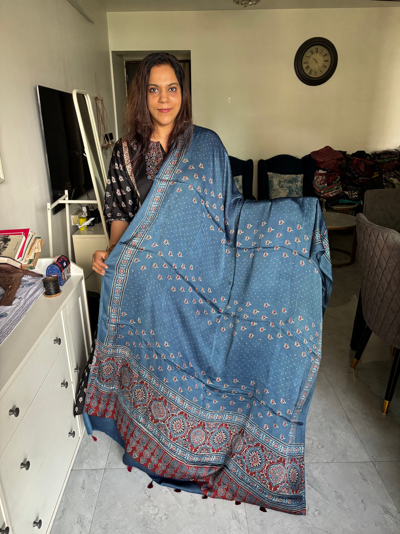 Natural dye Hand-blocked modal silk ajrakh dupatta with tazzles