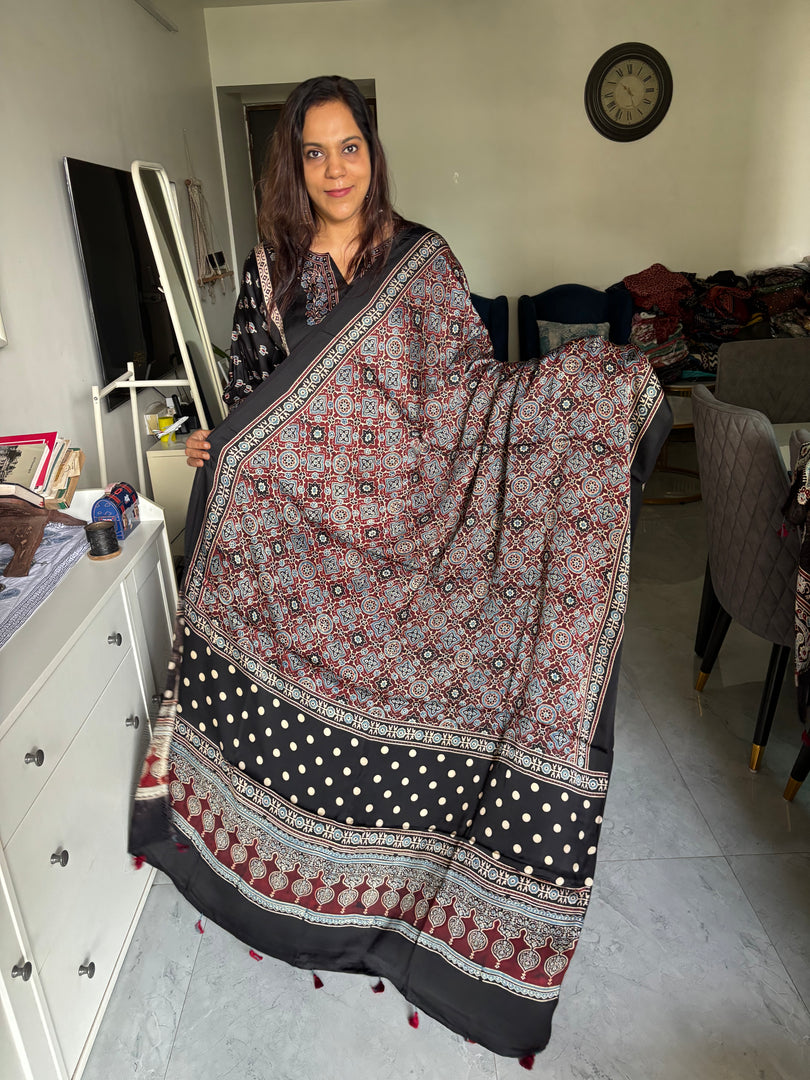 Natural dye Hand-blocked modal silk ajrakh dupatta with tazzles