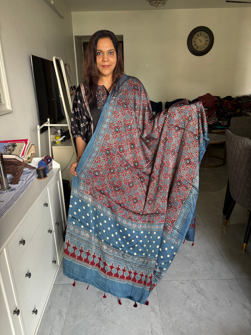 Natural dye Hand-blocked modal silk ajrakh dupatta with tazzles