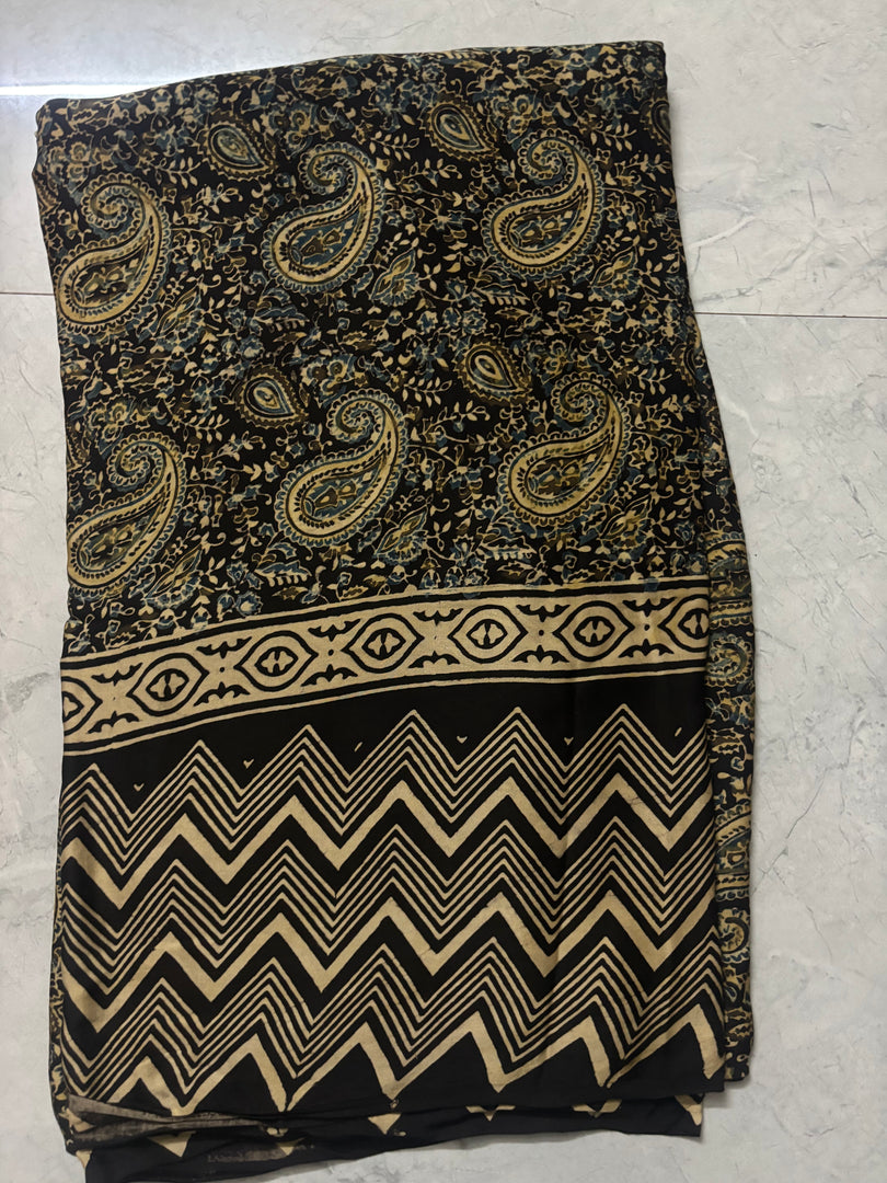 Natural dye modal silk ajrakh fabric with border 3 m