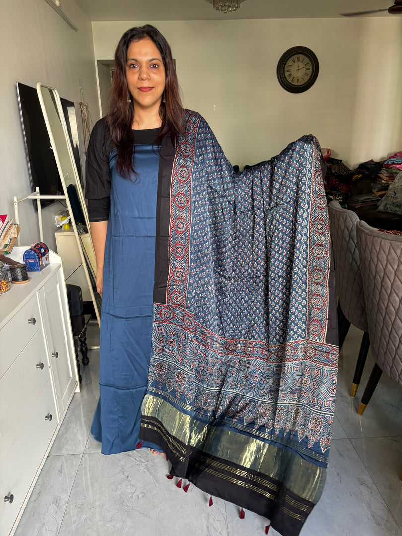 Plain modal silk top with modal silk ajrakh tissue pallu dupatta with tazzels 2 piece set