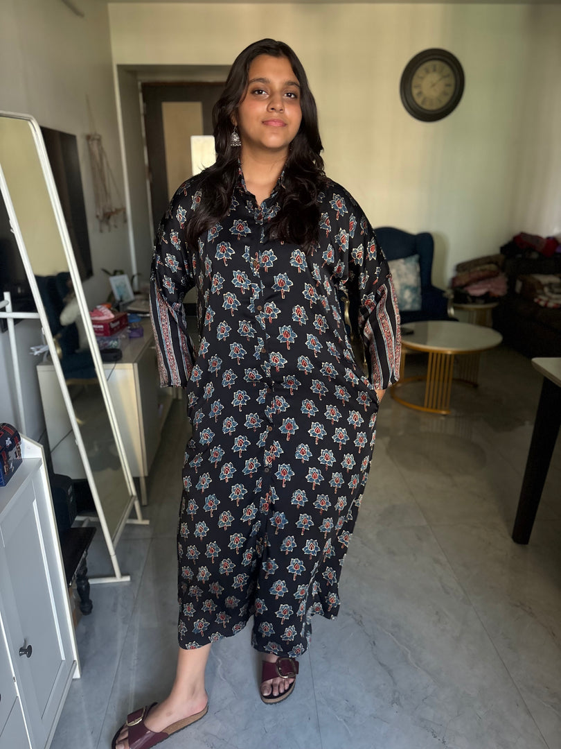 Vanaspathi handblocked modal silk kaftan shirt dress