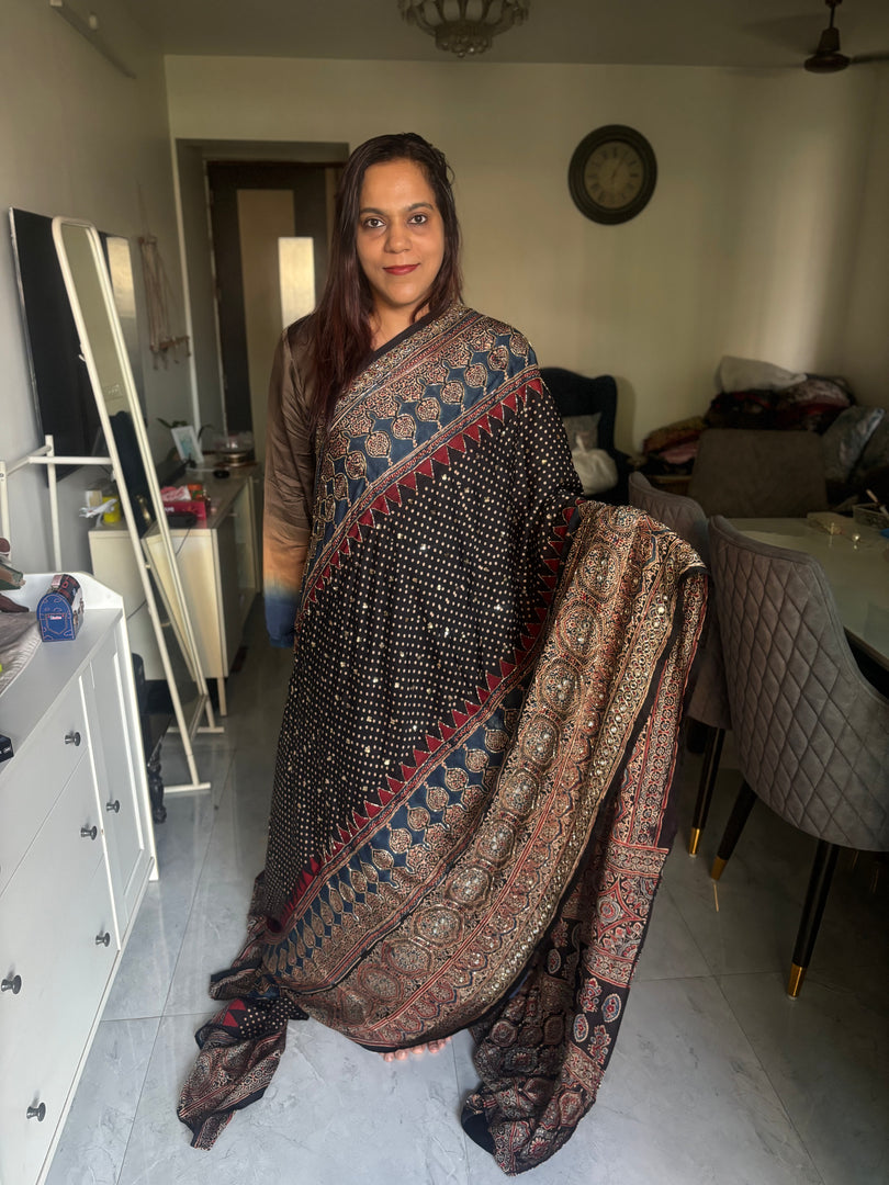 PREBOOKING open 30-35 working days to dispatch Handworked natural dye modal silk ajrakh saree with tazzels and blouse piece