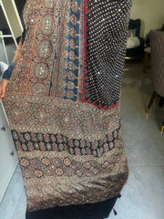 Handworked natural dye modal silk ajrakh saree with tazzels and blouse piece