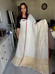 Pure linen handwoven jamdani top and dupatta with zari 2 piece set Mf0078
