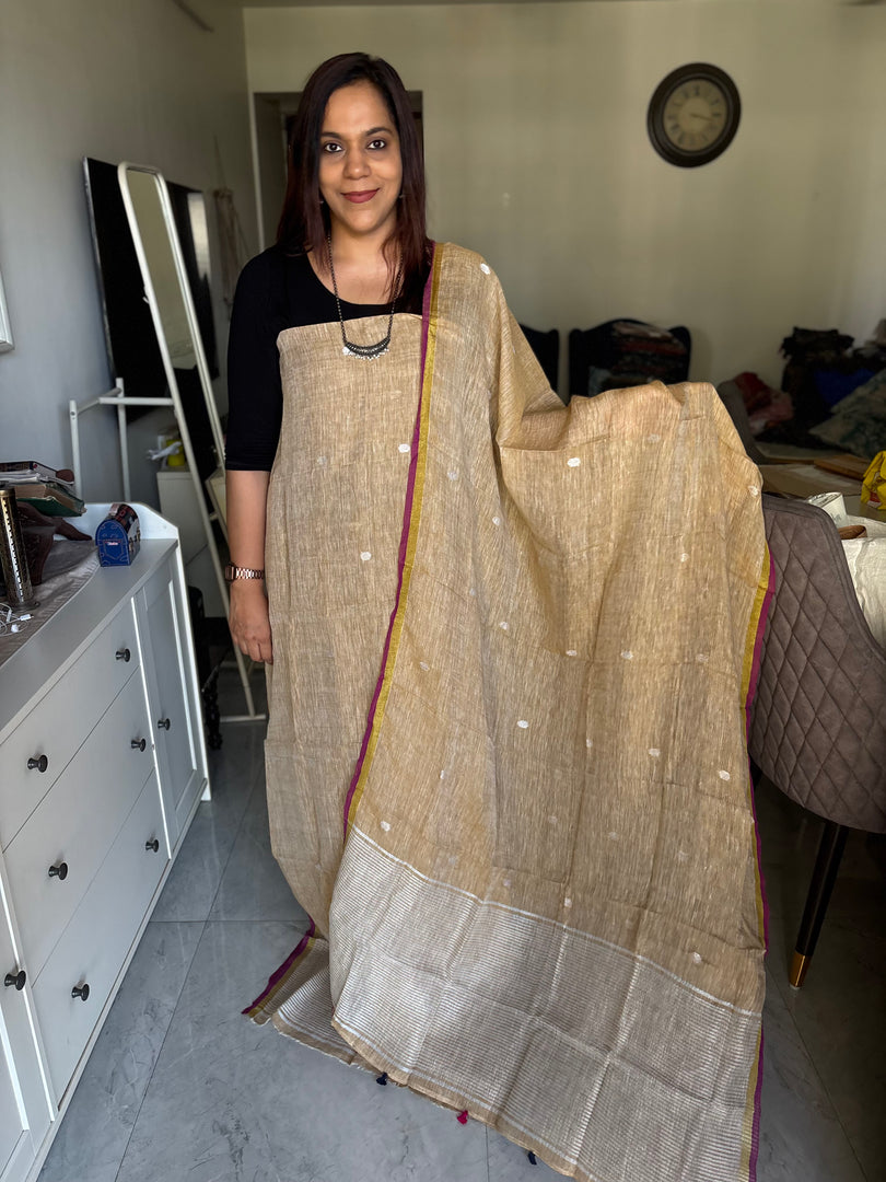 Pure linen handwoven jamdani top and dupatta with zari 2 piece set Mf0078
