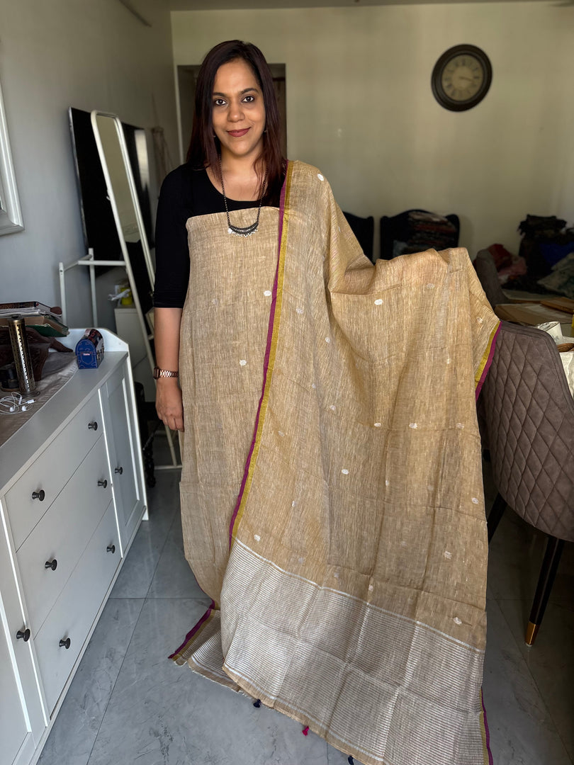 Pure linen handwoven jamdani top and dupatta with zari 2 piece set Mf0078