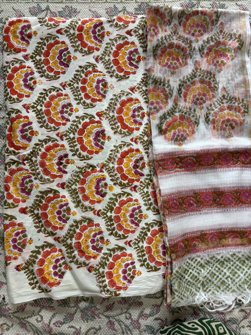 Pure cotton handblock 5 m fabric with Kota Doria dupatta