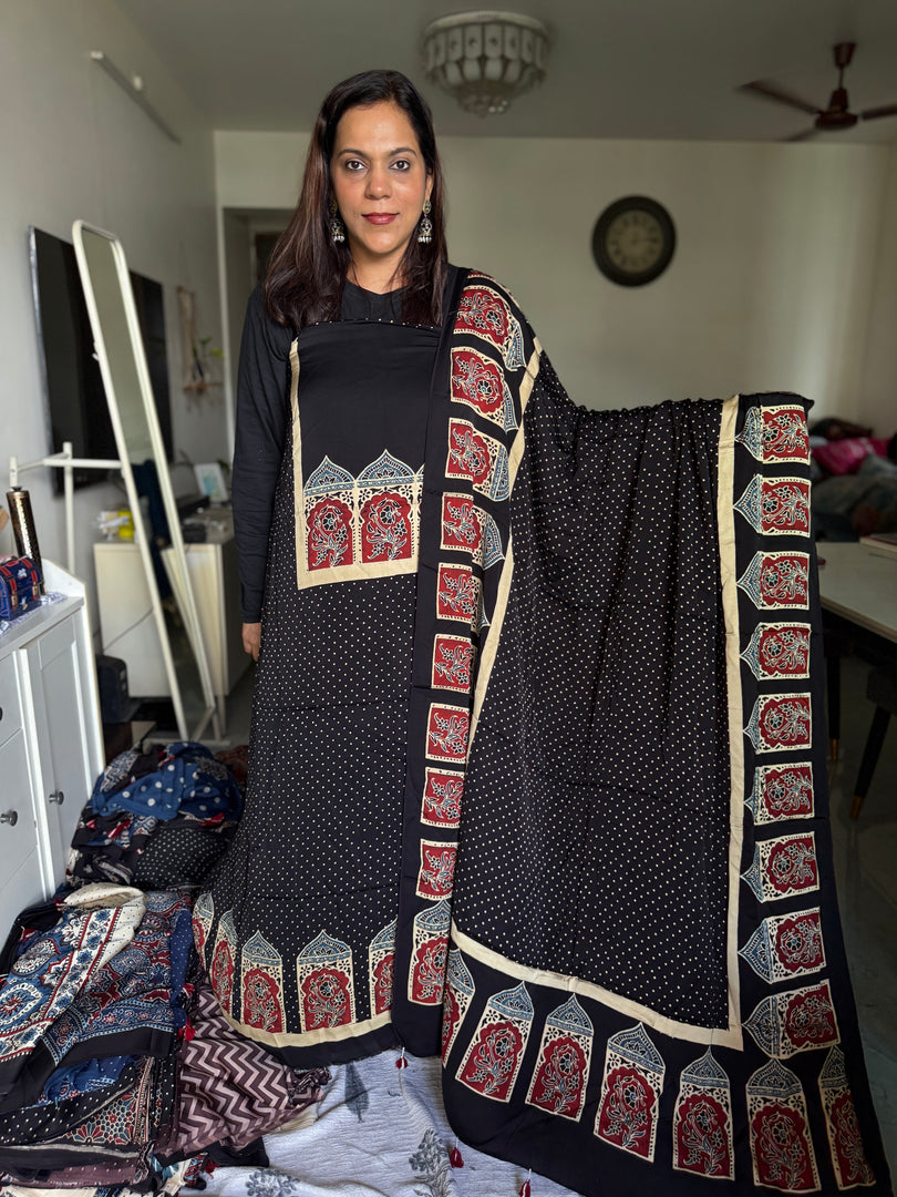 Mehnaz collection Designer style natural dye modal silk handblock ajrakh top and dupatta with tazzels MF0064