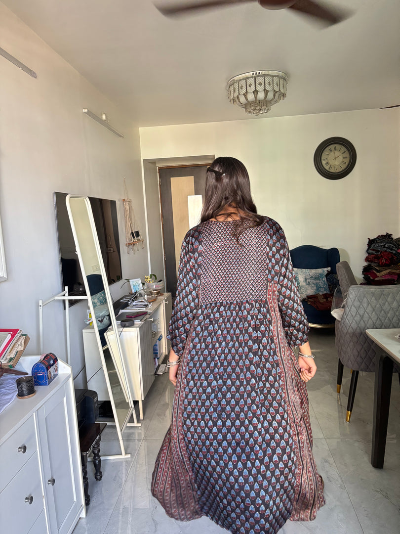 Natural dye vanaspathi handblocked modal silk long top/ frock