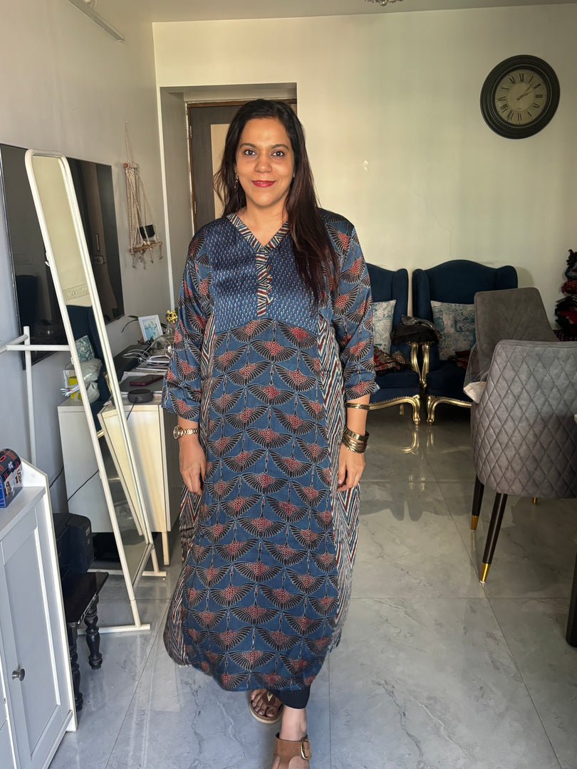 Natural dye vanaspathi handblocked modal silk long top/ frock