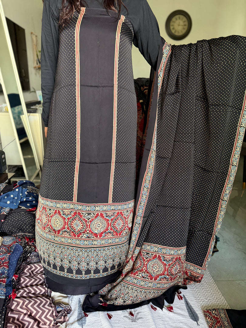 Mehnaz collection Designer style natural dye modal silk handblock ajrakh top and dupatta with tazzels MF0064