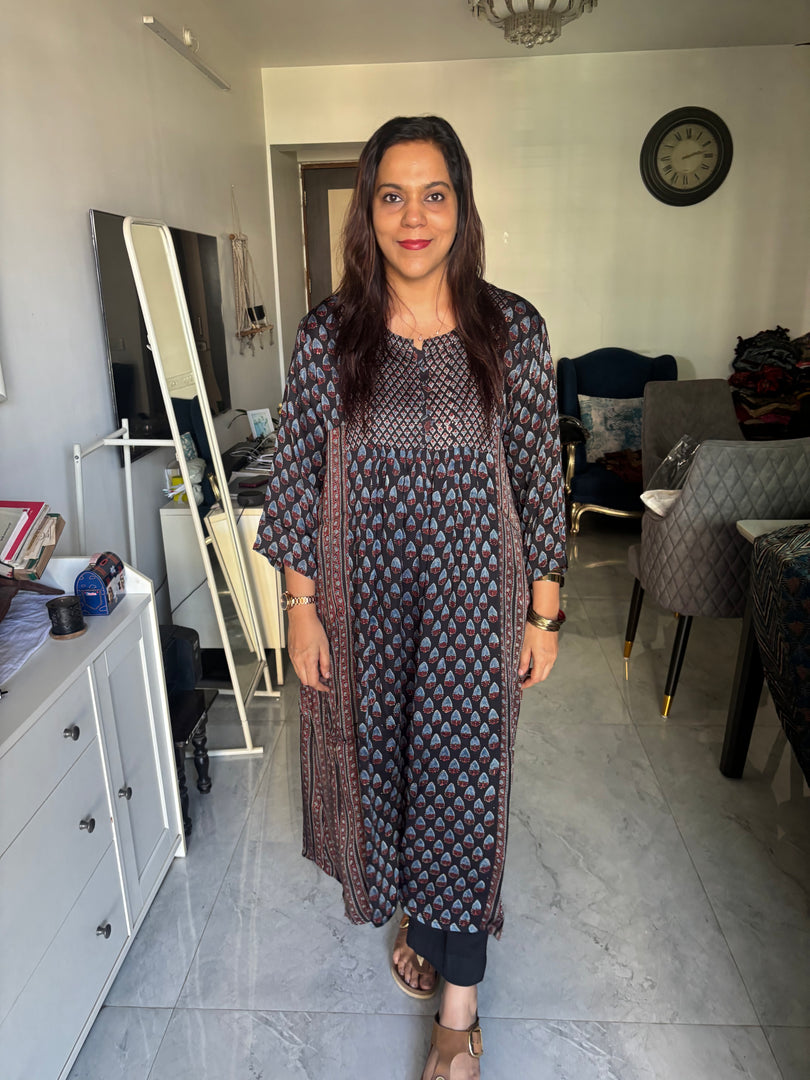 Natural dye vanaspathi handblocked modal silk long top/ frock