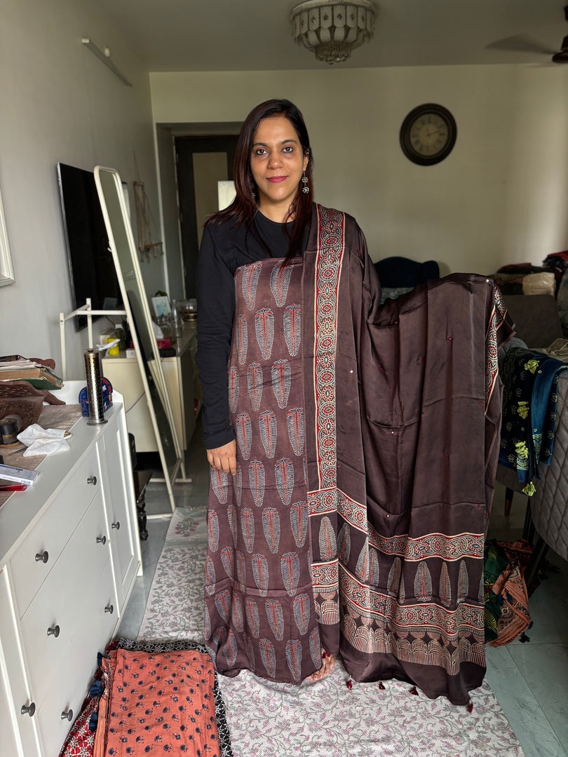 Natural dye modal silk ajrakh top with plain modal silk handworked mirror dupatta 2 piece set