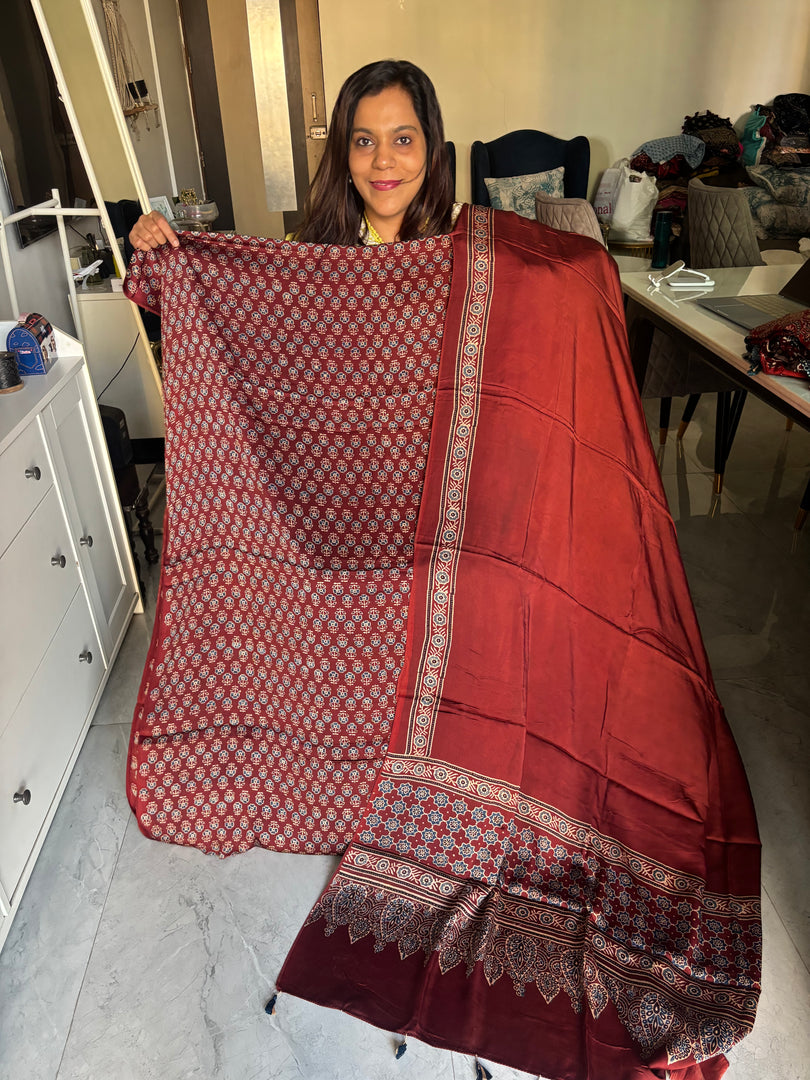 Natural dye modal silk handblocked ajrakh top with plain modal silk ajrakh dupatta with tazzels 2 piece set