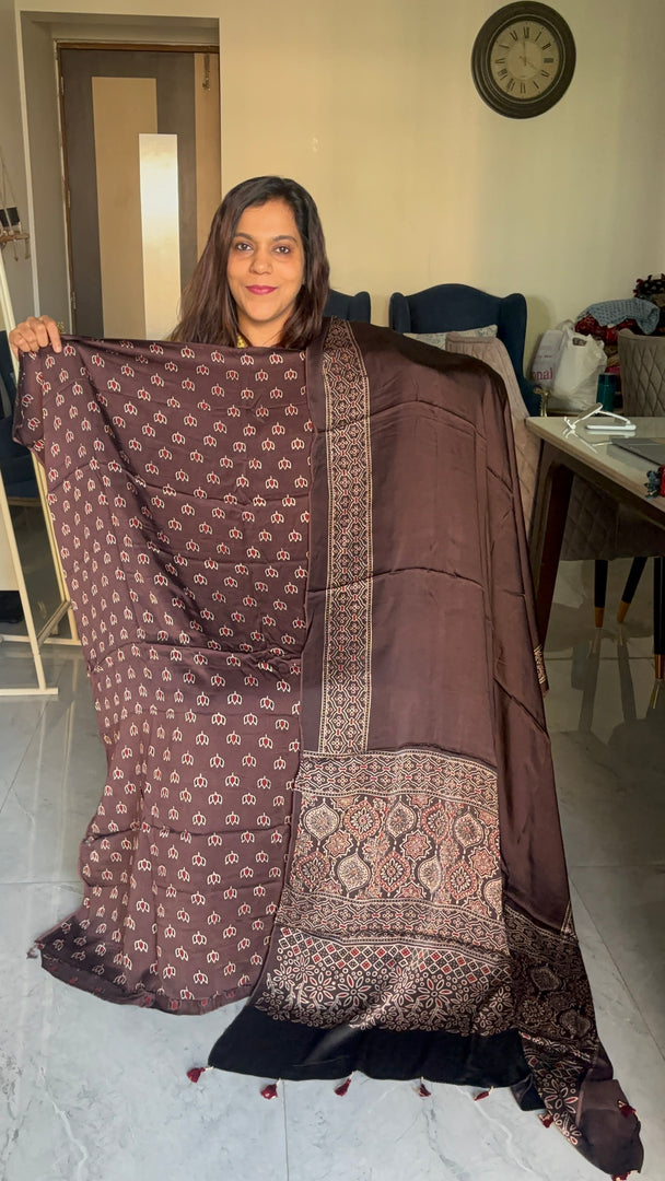 Natural dye modal silk handblocked ajrakh top with plain modal silk ajrakh dupatta with tazzels 2 piece set