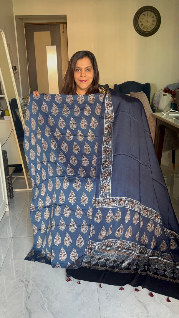 Natural dye modal silk handblocked ajrakh top with plain modal silk ajrakh dupatta with tazzels 2 piece set