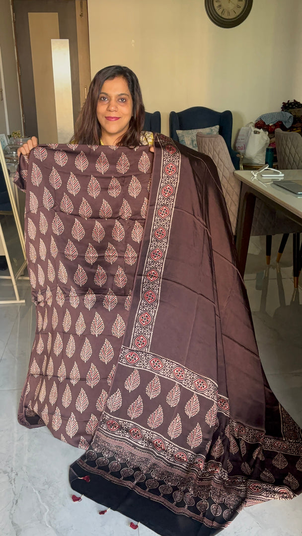 Natural dye modal silk handblocked ajrakh top with plain modal silk ajrakh dupatta with tazzels 2 piece set