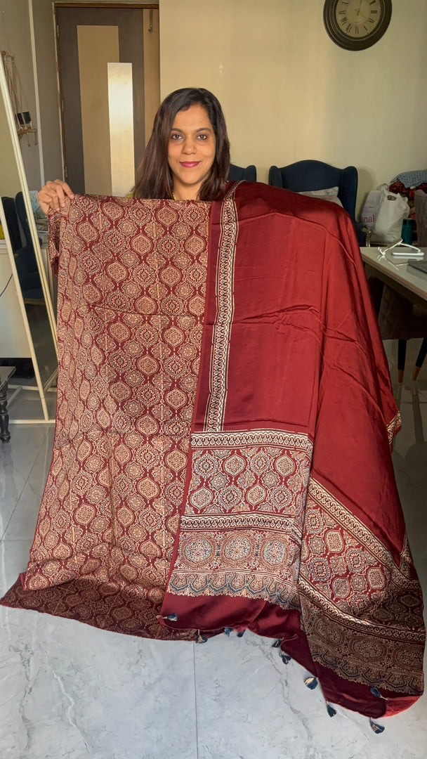 Natural dye modal silk handblocked ajrakh top with plain modal silk ajrakh dupatta with tazzels 2 piece set