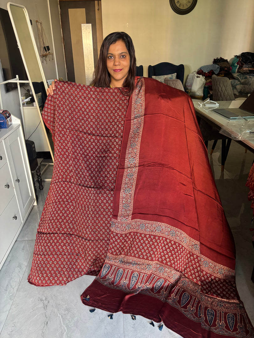 Natural dye modal silk handblocked ajrakh top with plain modal silk ajrakh dupatta with tazzels 2 piece set