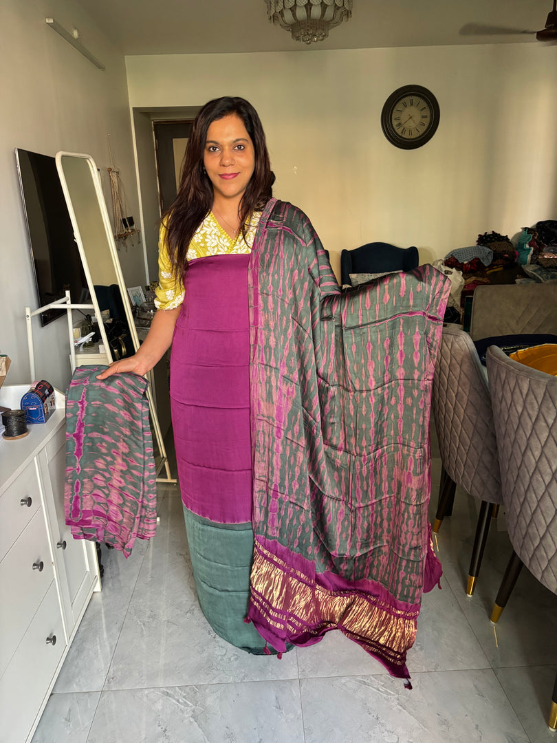 Modal silk double shaded top with modal shibori bottom and dupatta with tazzels 3 piece set