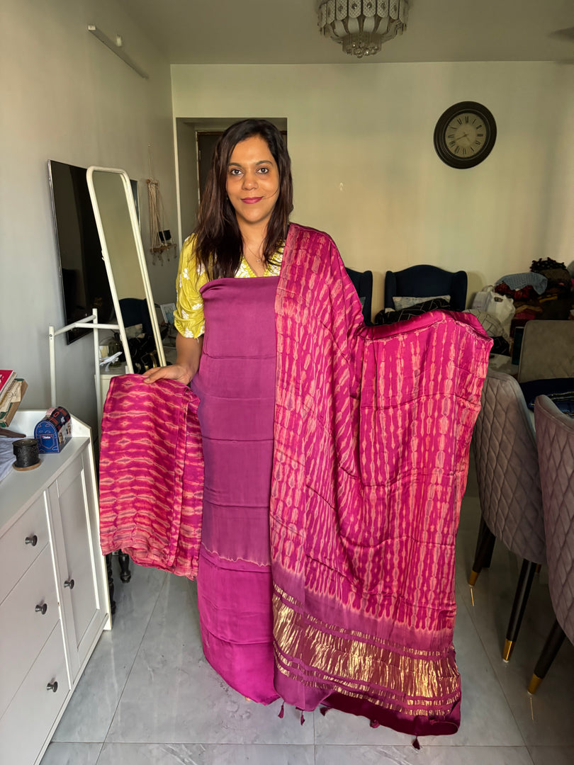 Modal silk double shaded top with modal shibori bottom and dupatta with tazzels 3 piece set