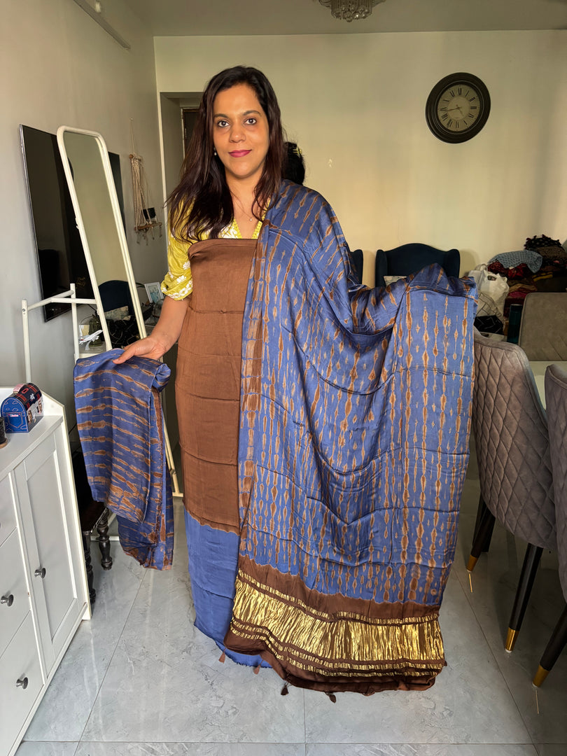 Modal silk double shaded top with modal shibori bottom and dupatta with tazzels 3 piece set