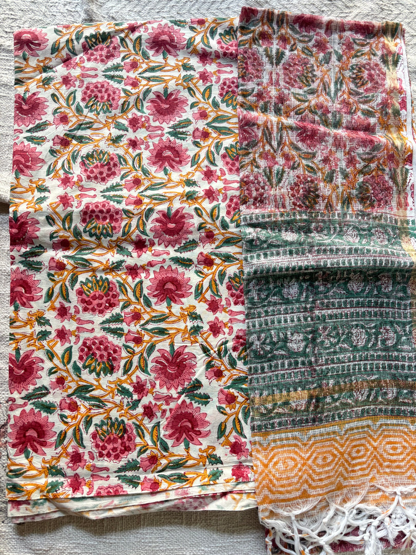 5 m handblock cotton fabric with Kota doria dupatta