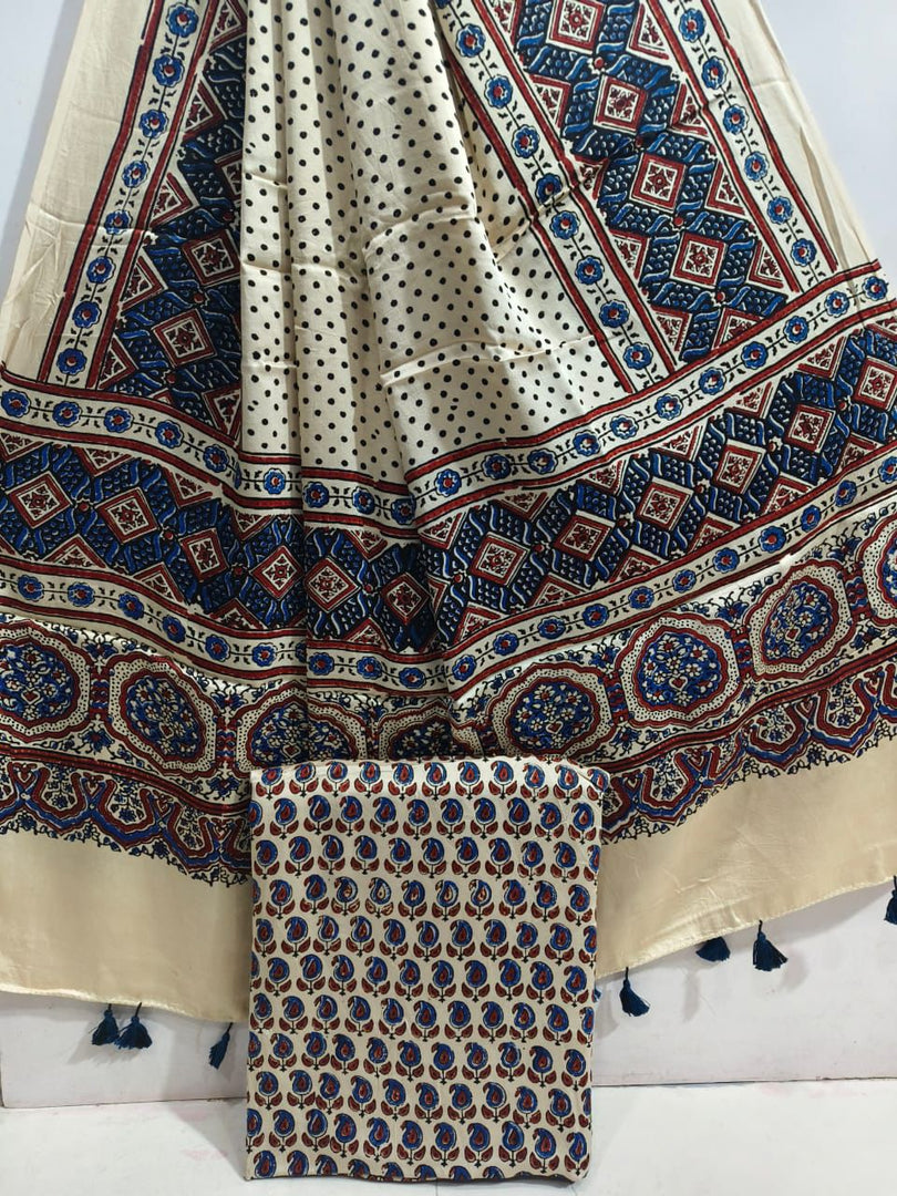 Natual dye ajrakh Handblock modal silk ajrakh top and dupatta 2 piece set