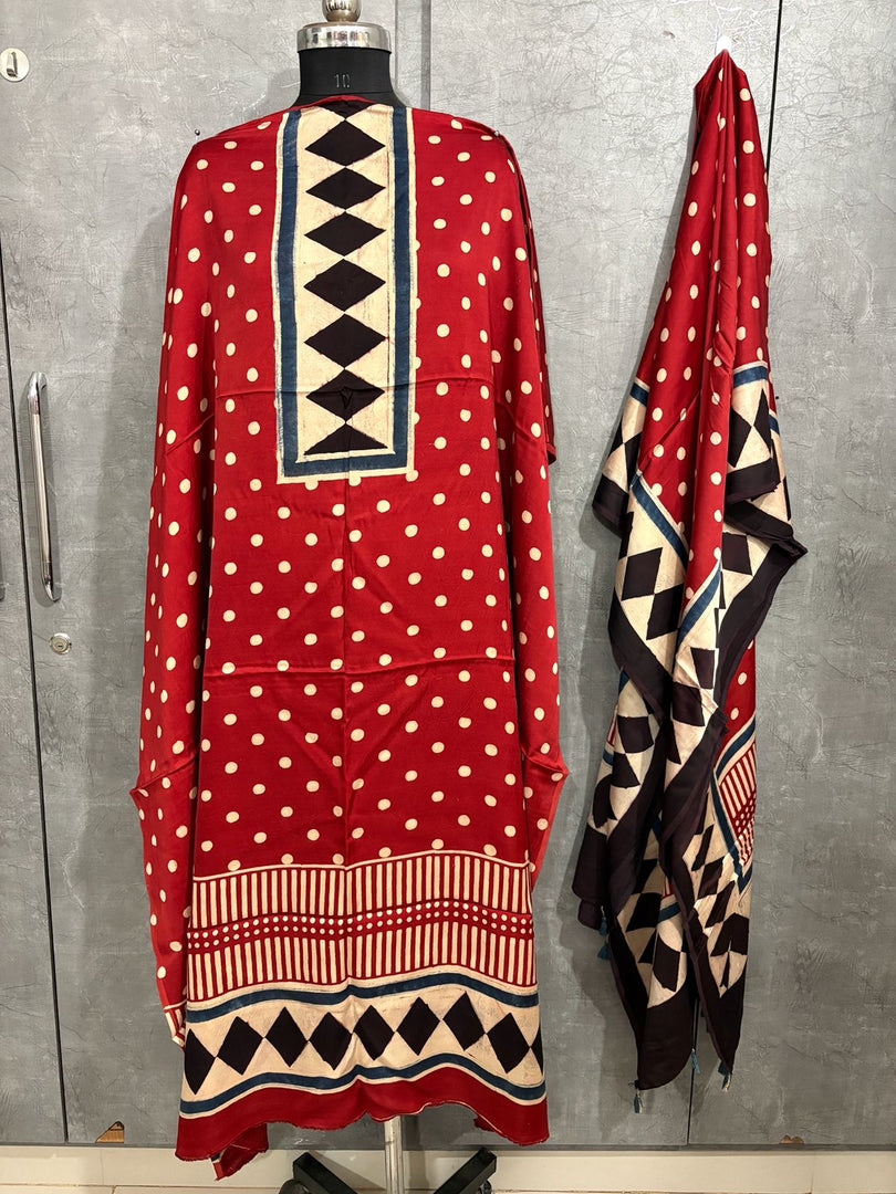 Designer style natural dye modal silk ajrakh top and dupatta 2 piece set