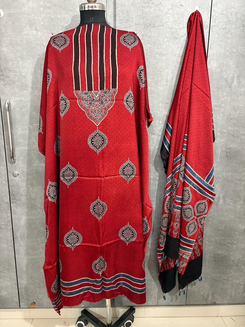 Designer style natural dye modal silk ajrakh top and dupatta 2 piece set