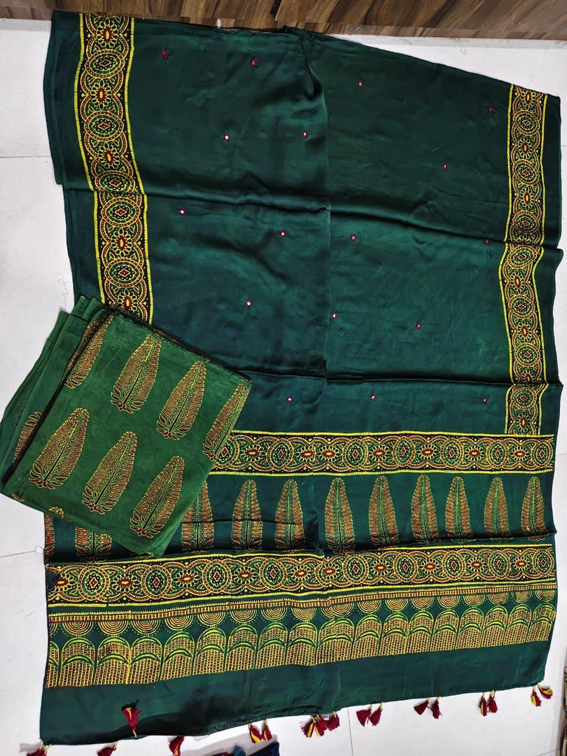 Natural dye modal silk ajrakh top with plain modal silk handworked mirror dupatta 2 piece set
