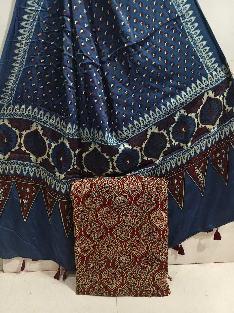 Natural Dye Ajrakh Handblocked Ajrakh  Modal  silk top and dupatta 2  piece suit