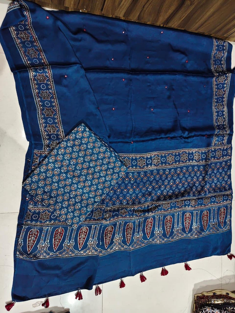 Natural dye modal silk ajrakh top with plain modal silk handworked mirror dupatta 2 piece set