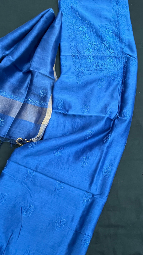 Pure Chanderi silk lucknowi chikankari top and dupatta