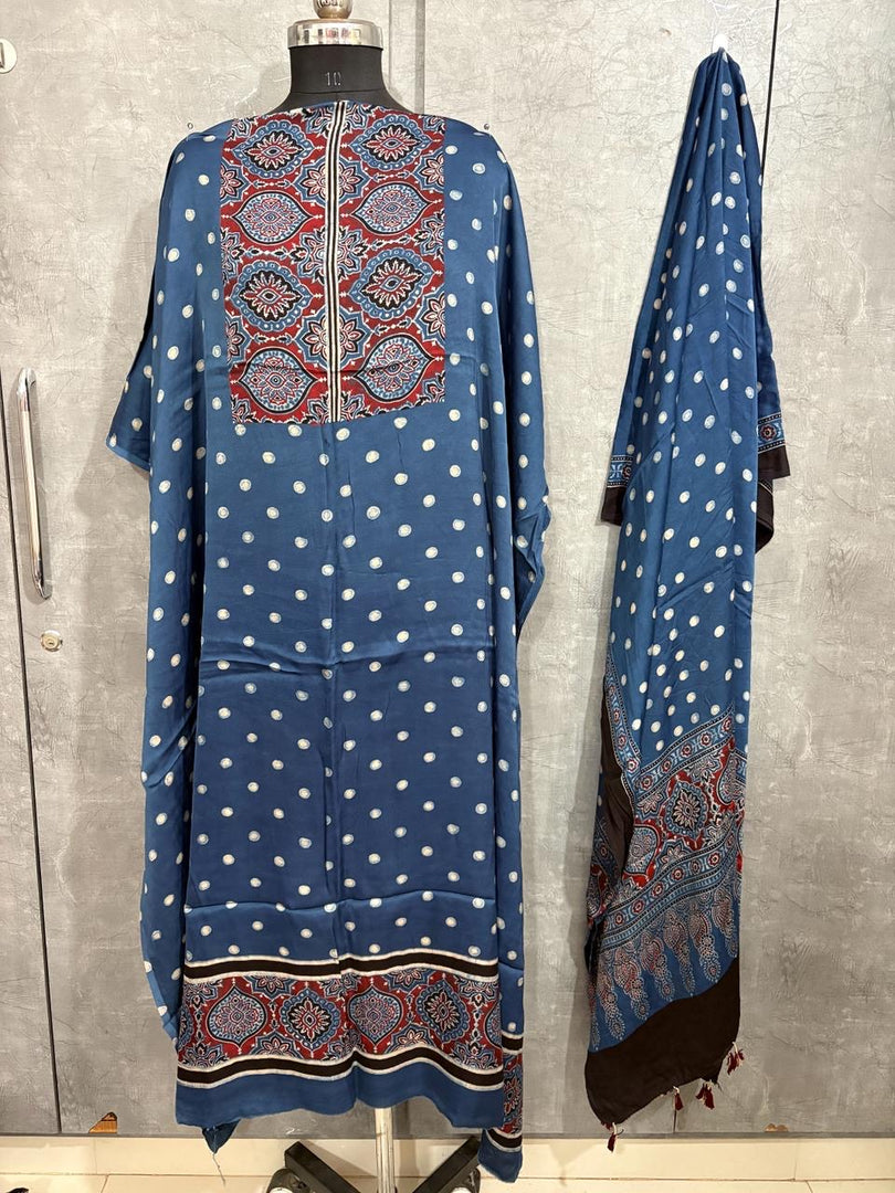Designer style natural dye modal silk ajrakh top and dupatta 2 piece set