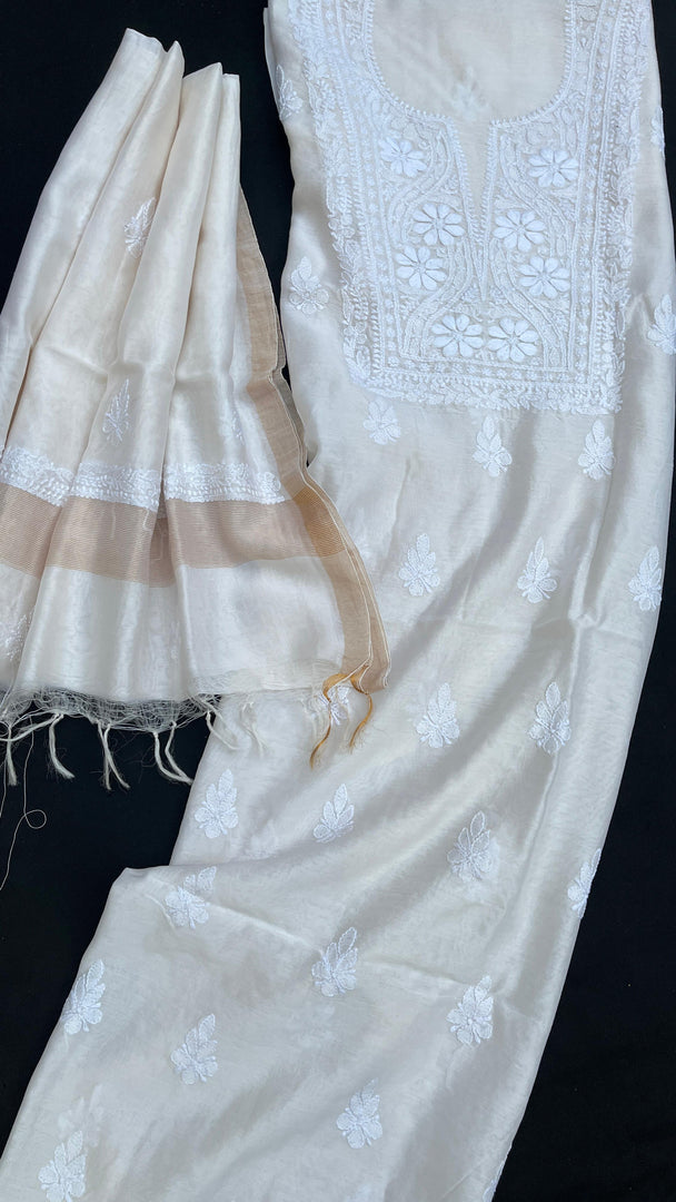 Pure Chanderi silk lucknowi chikankari top and dupatta