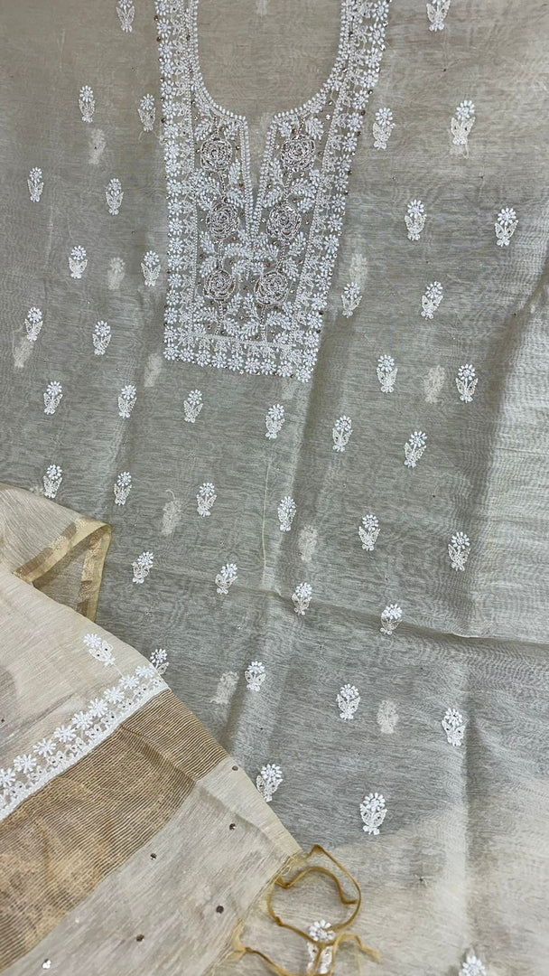 Beautiful soft khadi chanderi lucknowi chikankari Shirt n dupatta